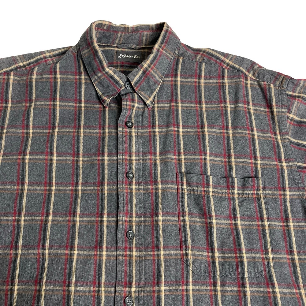 Vintage 90s St Johns Bay Flannel Shirt Men XL Gray Plaid Cotton Button Up Pocket